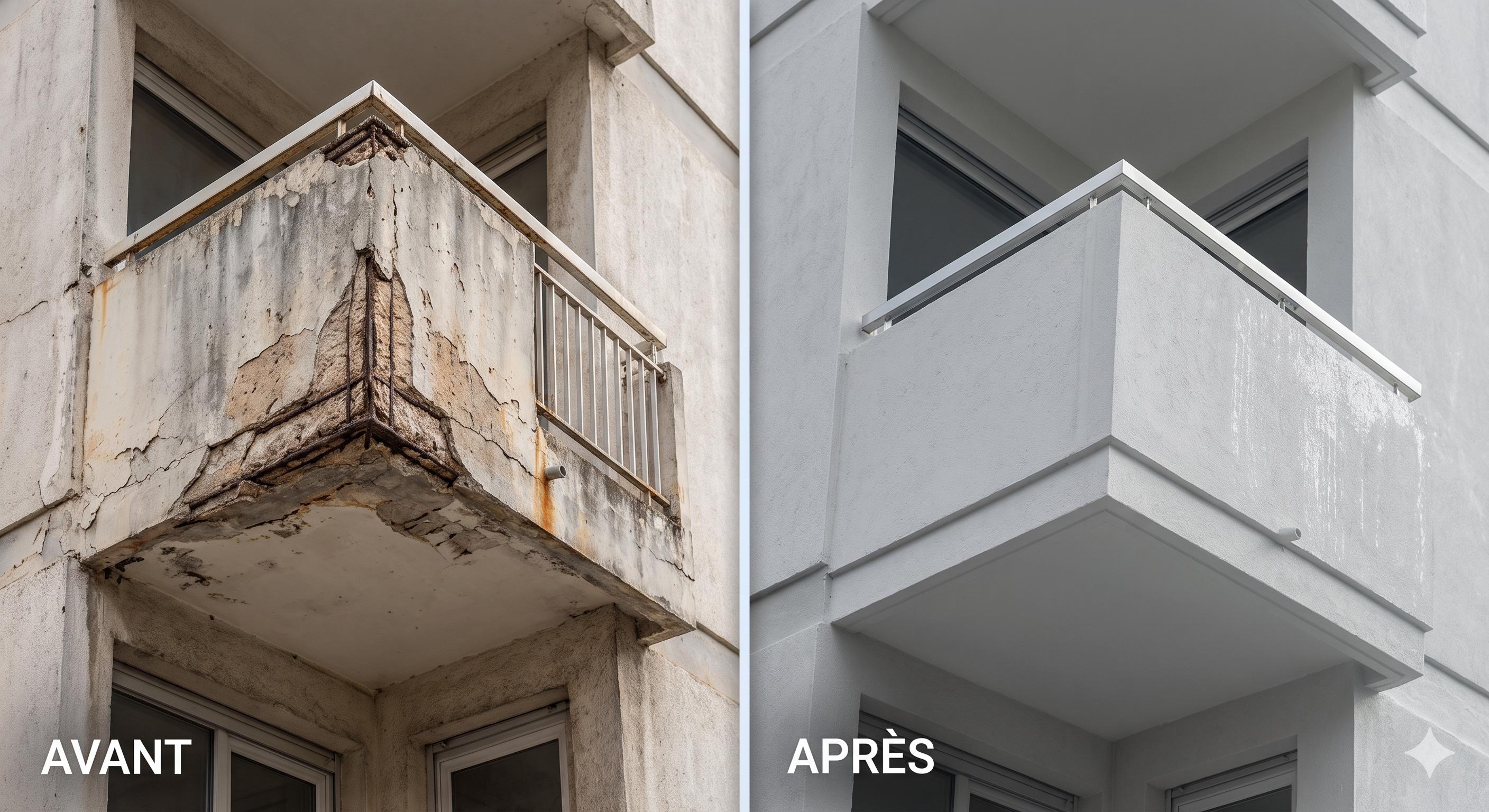 Avant / Après — Rénovation balcon en béton armé corrodé : purge, traitement fers, imperméabilisation sur cordes sans échafaudage — ACM Groupe Île-de-France