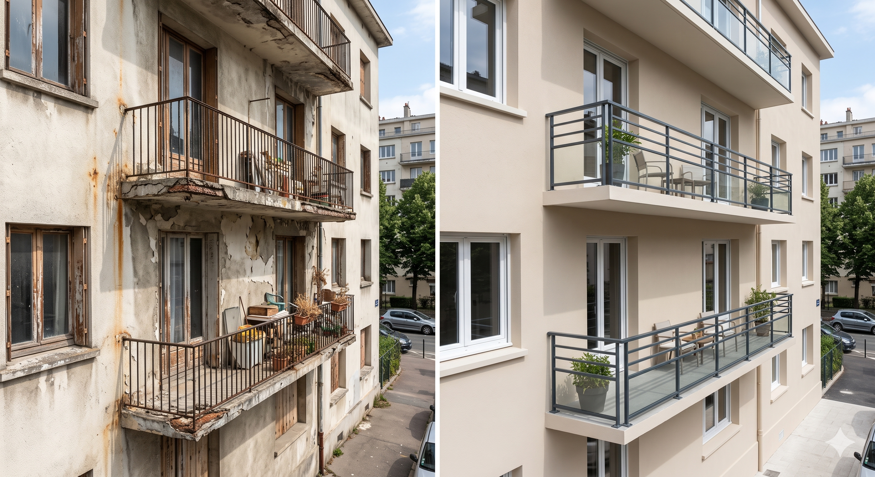 Avant / Après — Réhabilitation complète façade et balcons d'immeuble dégradé sans échafaudage — ACM Groupe IDF