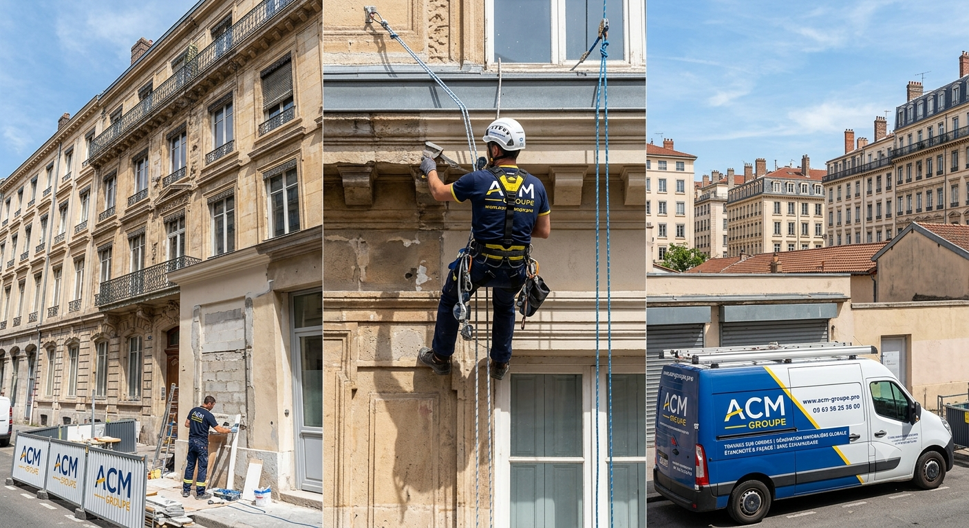 Cordiste ACM Groupe en intervention sur façade — rénovation immobilière sans échafaudage, Île-de-France