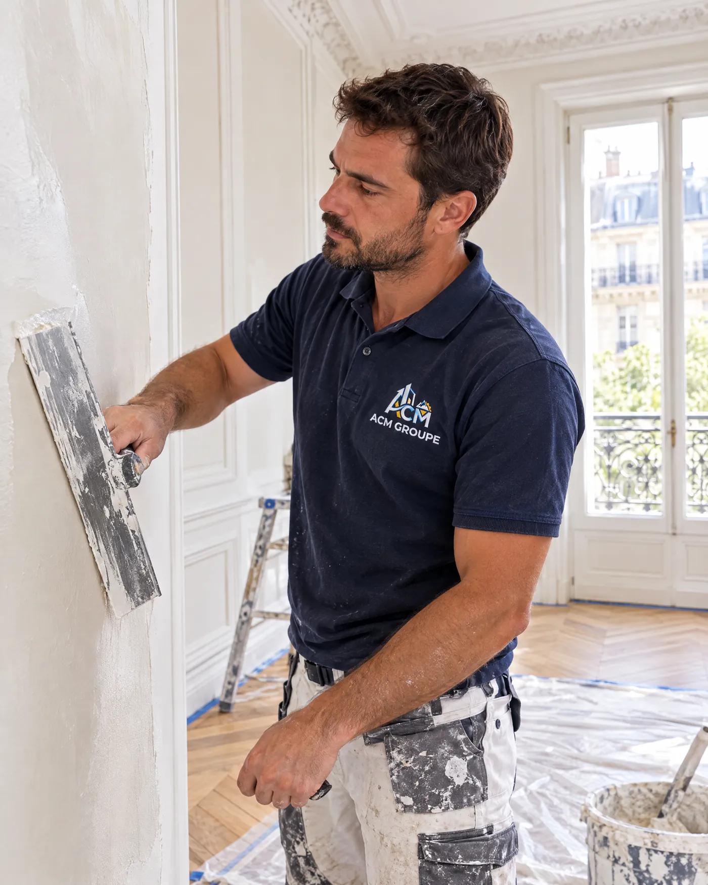 Plâtrier ACM Groupe lissant un mur dans un appartement parisien