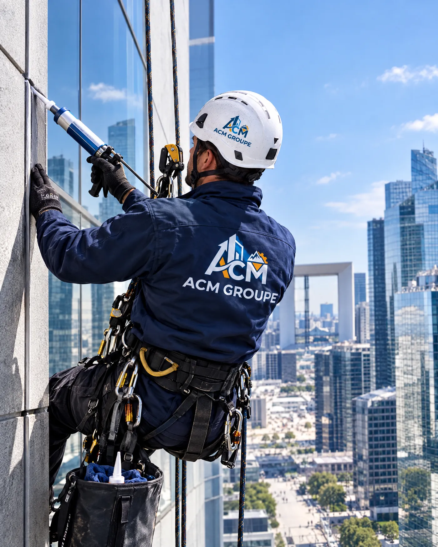 Cordiste réalisant l'étanchéité d'une façade vitrée à La Défense