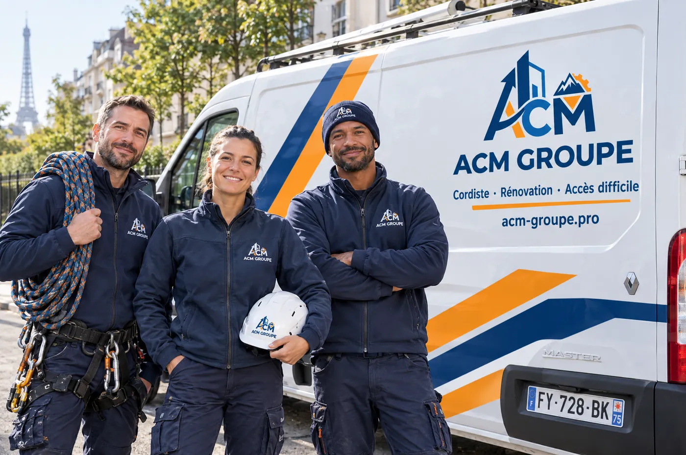 Équipe ACM Groupe devant son utilitaire floqué