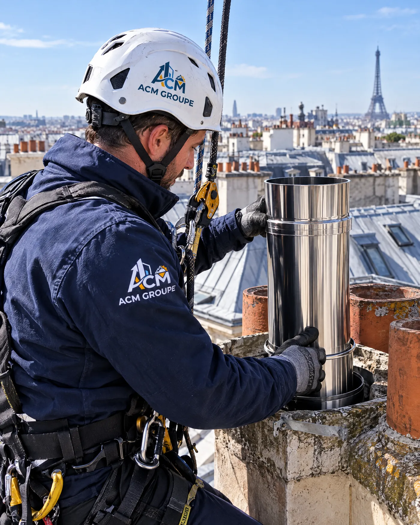 Cordiste installant un conduit de gaz en toiture parisienne