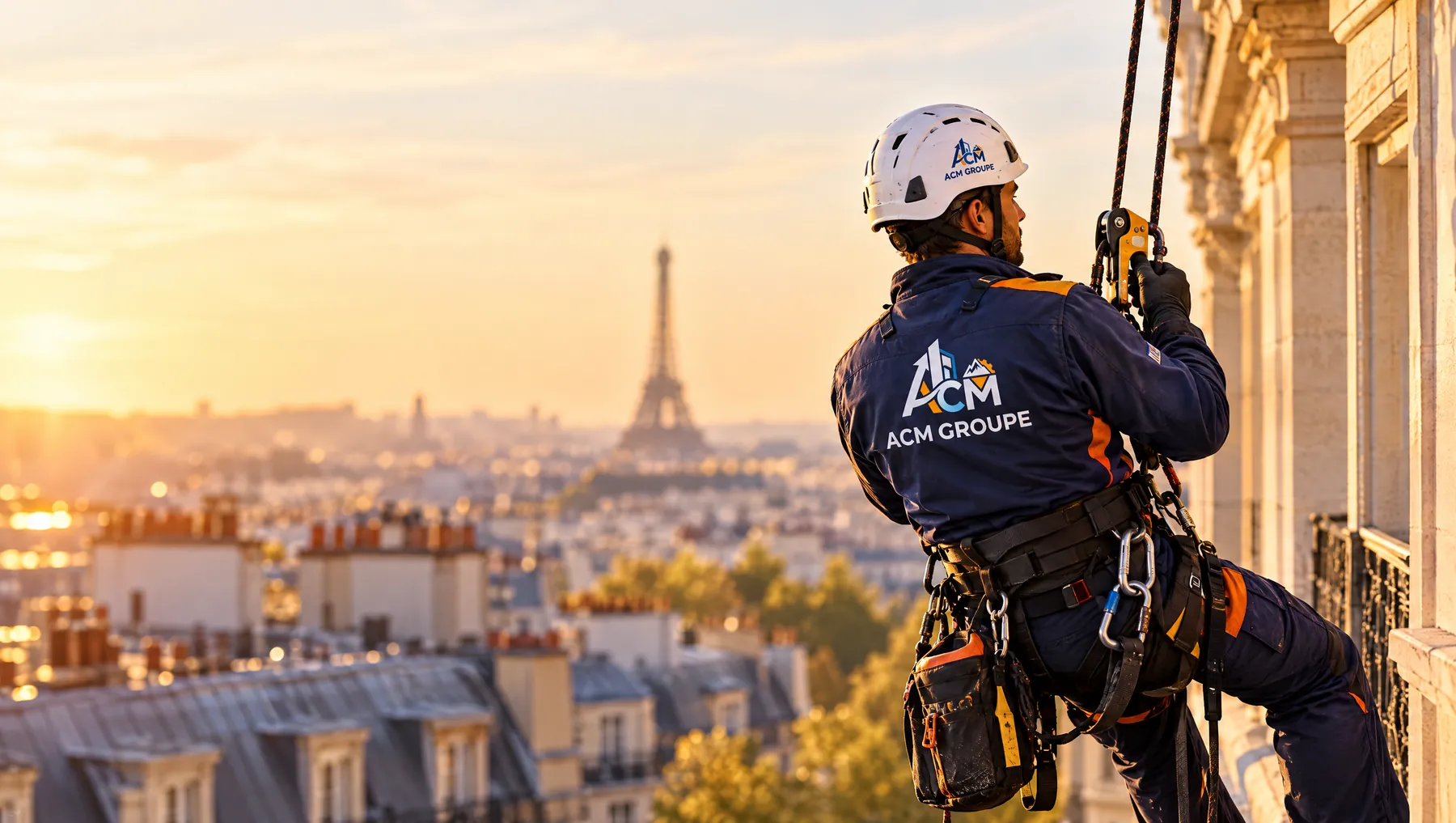 Cordiste ACM Groupe en descente sur une façade haussmannienne à Paris, au coucher du soleil