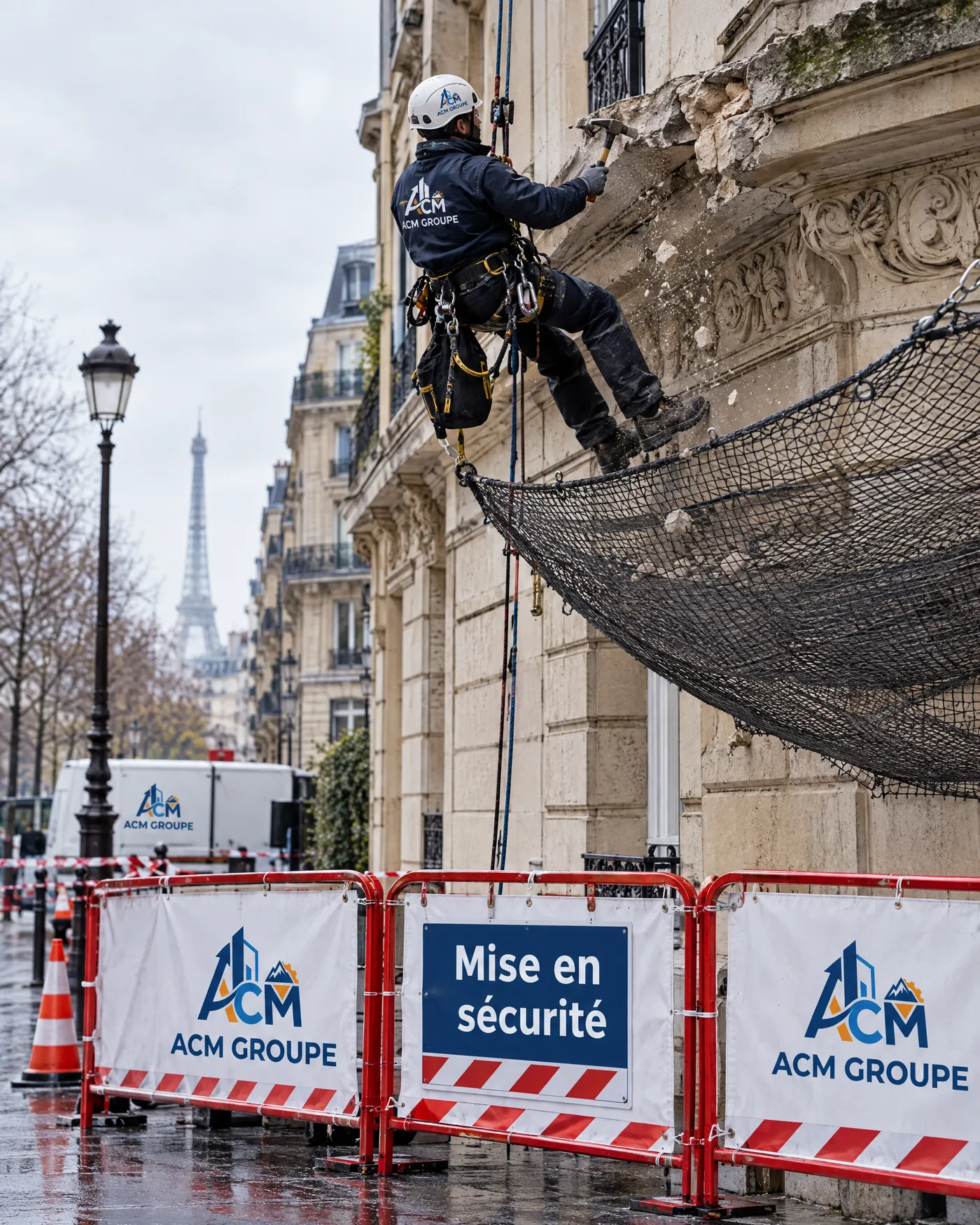 Cordiste ACM Groupe purgeant une corniche, périmètre de sécurité au sol