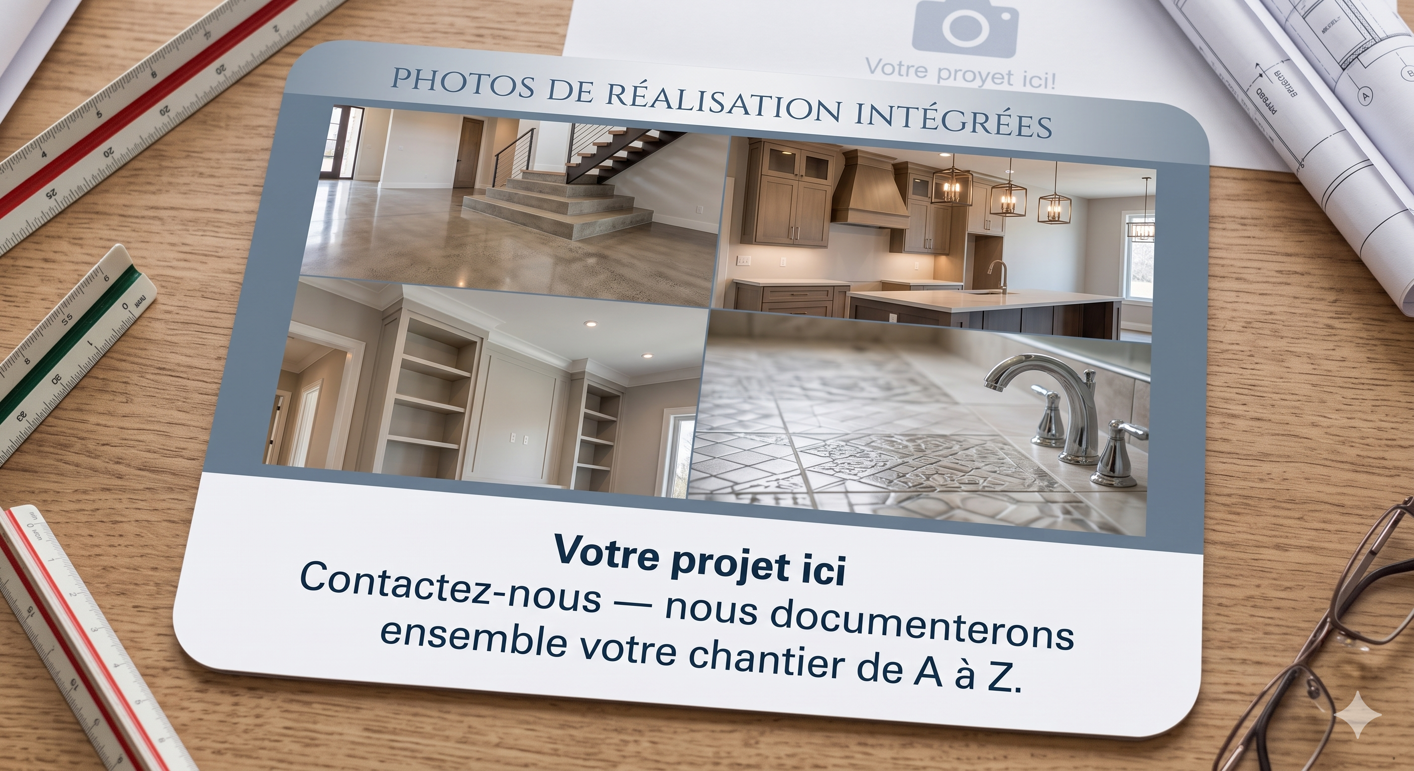 Rénovation intérieure complète : escalier béton ciré, cuisine équipée, bibliothèque sur mesure, carrelage — ACM Groupe Île-de-France